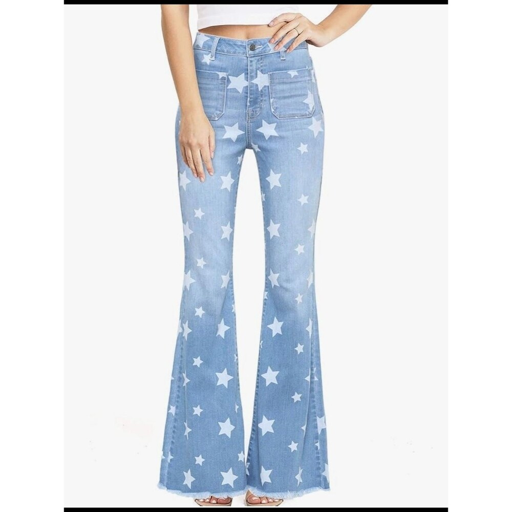 Cello High Rise Star Print Flare Bell Bottom Jeans 70s Size 11 Juniors